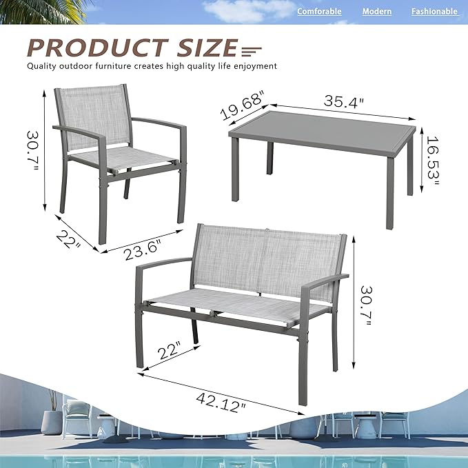 Vongrasig 4 Pieces Patio Furniture Sets,Outdoor Patio Conversation Sets with Glass Coffee Table, Small Porch Balcony Furniture, Patio Table and Chairs Set for Garden, Backyard (Silver)