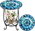 Outdoor Side Table Round Small Mosaic Patio Accent Indoor End Plant Coffee Tea Table for Yard Patio Porch Garden Living Room, Bedroom(Mandala Style,12 Inch)