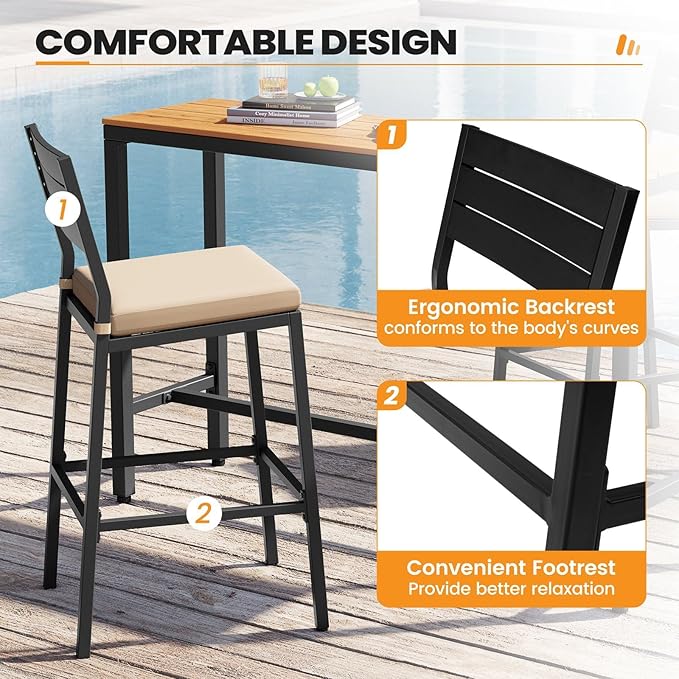 Crestlive Products Outdoor Bar Table and Chairs Set, 3 Piece Outside Patio Bar Set with 55" Long Bar Table and 2 Bar Stools for Balcony, Bistro, Garden, Backyard(Black Desktop and Beige Cushion)