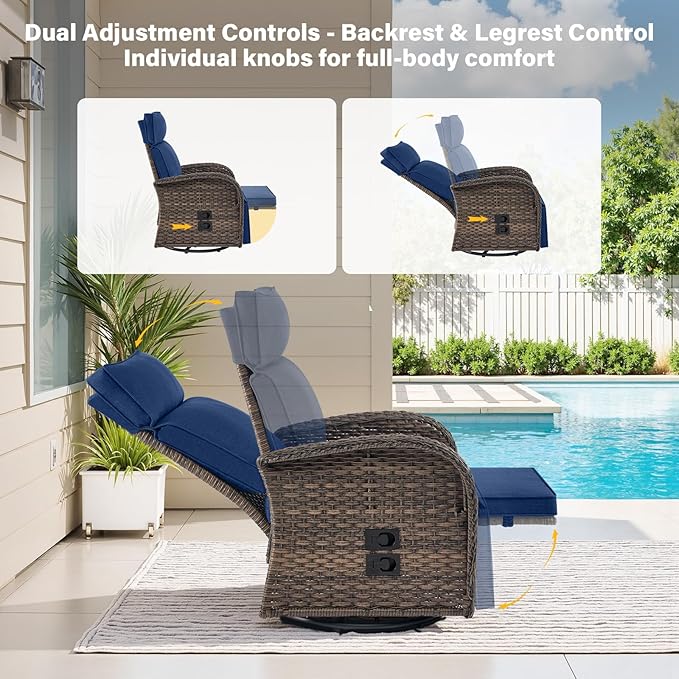Belord 5 Piece Patio Furniture Set with Swivel Recliner Chair - Outdoor Patio Couch Set, Chaise Lounge Chair Outdoor with Adjustable Backrest and Footrest and Coffee Table for Casual Gathering