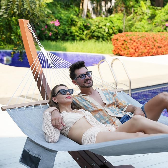 Lazy Daze Hammocks 11 FT Double Outside Hammock Quick Dry Olefin Fabric Hammock with Spreader Bar & Side Pocket for Outdoor Poolside Backyard 450 lbs Capacity, Grey