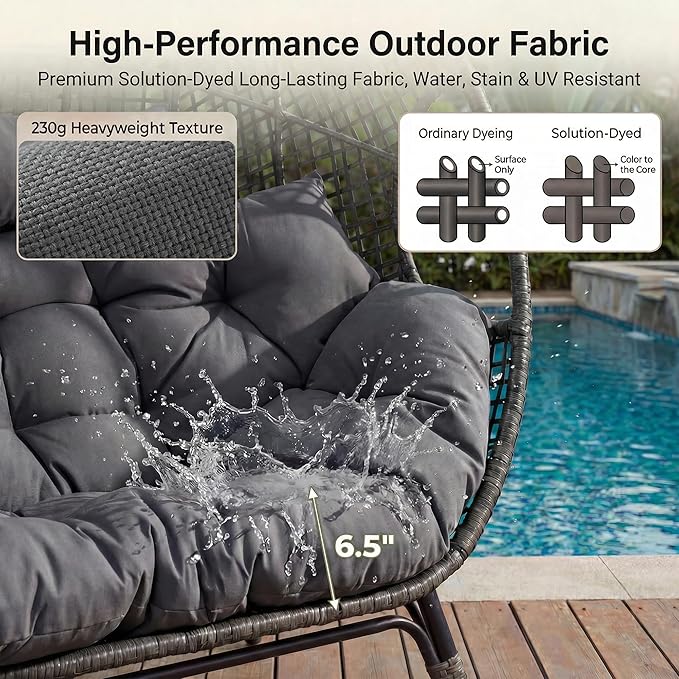 NICESOUL® Double Egg Chair Indoor Outdoor Stationary Oversized 6.5" Thick Padded Cushions,2 Person Wicker Egg Loveseat Chair,680 lbs Extra Wide Lounge Chair for Patio Balcony Porch Gray with Cover