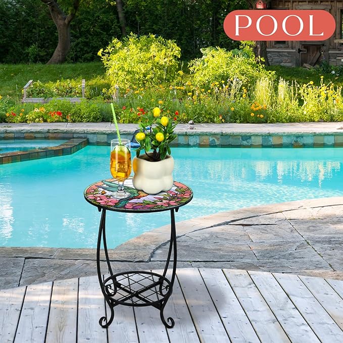 Outdoor Side Table Round Small Mosaic Patio Accent Indoor End Plant Metal Coffee Tea Table for Yard Porch Garden Patio Living Room, Bedroom(Hummingbird Style,14 Inch)