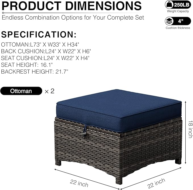 Joyside Outdoor Ottoman Set of 2, Patio Large Ottoman Foot Rest with Thickened Cushions, Outdoor Wicker Foot Stool for Porch, Deck Use
