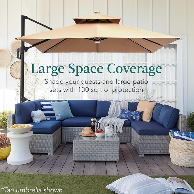 Best Choice Products 10x10ft Cantilever Patio Umbrella w/Base Included, Solar LED Lights 360 Rotation Large Offset Hanging Outdoor Shade for Deck Pool Backyard w/Stand – Red