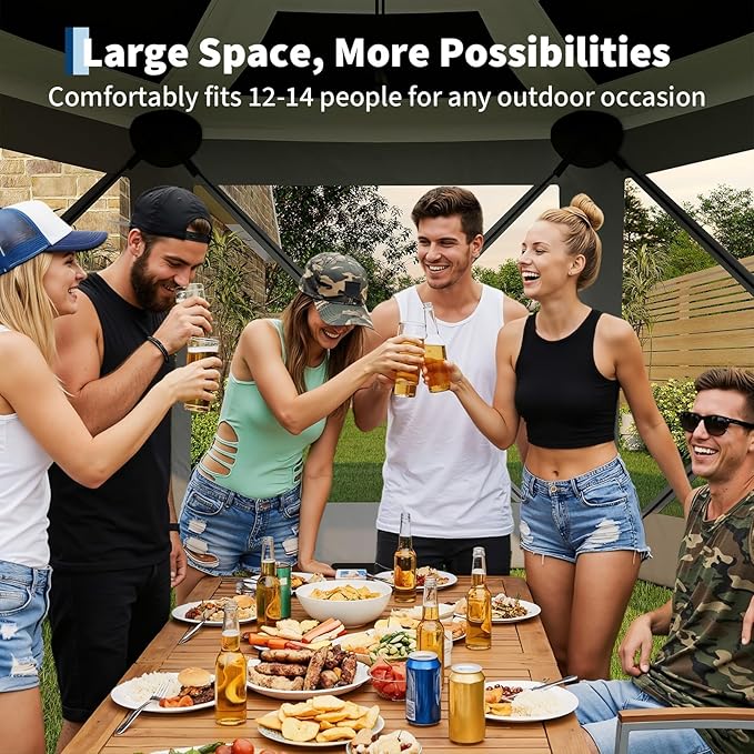 13x13FT 6-Sided Pop Up Gazebo Tent，One-Push Setup Canopy Tent with Removable Canopy Top & Wind Cloths, Outdoor shelter for Camping, Backyard Parties, Outdoor Events - Grey