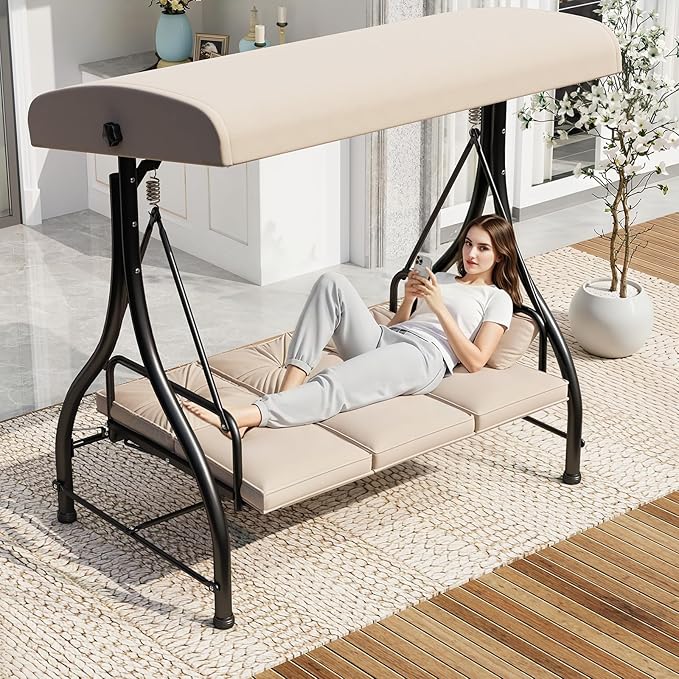 U-MAX Porch Swing Chair with Adjustable Backrest&Canopy, 3 Seat Patio Swing with Canopy 2-in-1 Convertible Outdoor Swing with Canopy Patio Daybed with Removable Beige Cushions for Adults
