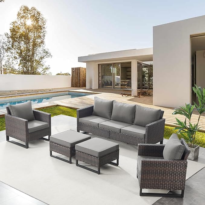Belord Wicker Patio Furniture 5 Piece Outdoor Sofa Set, Oversize Outdoor Dining Chairs with Rattan Ottomans, Conversation Sets Patio Furniture Come with Removable Washable