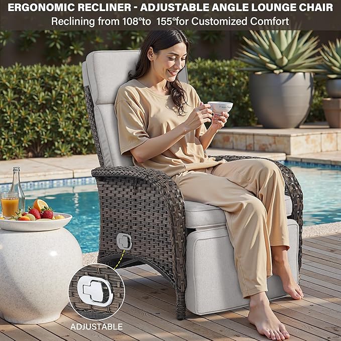 Belord Versatile Outdoor Recliner Chair - Reclining Patio Chair Set of 2 with Adjustable Backrest and Footrest, All-Weather Wicker Chaise Lounge Chair Outdoor for Pool Deck Brown