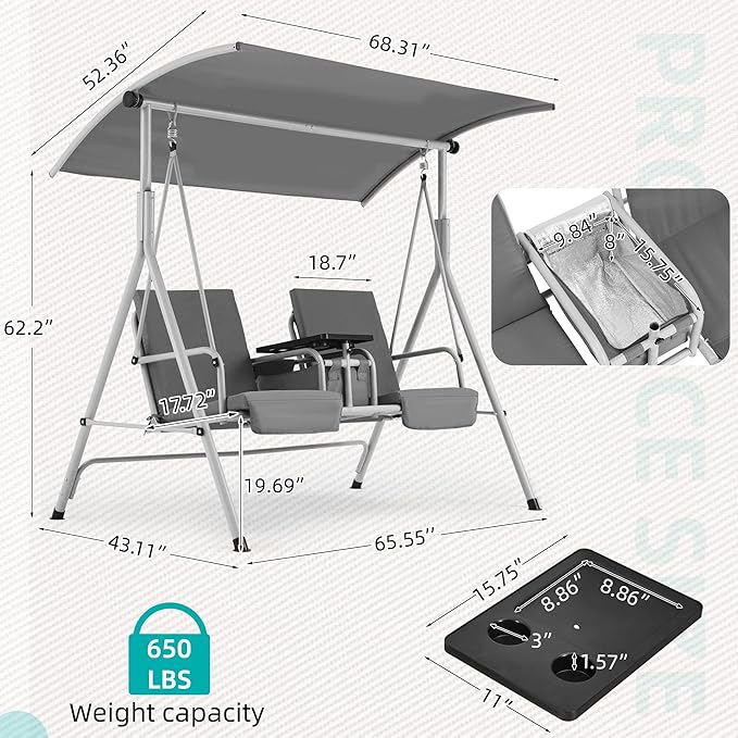 HOMREST 2 Seat Outdoor Porch Swing,Patio Swing with Adjustable Canopy,Heavy Duty 650 LBS Outdoor Swing with Pivot Storage Table & 2 Cup Holders & Cushions for Yard, Lawn, Backyard, (Grey)