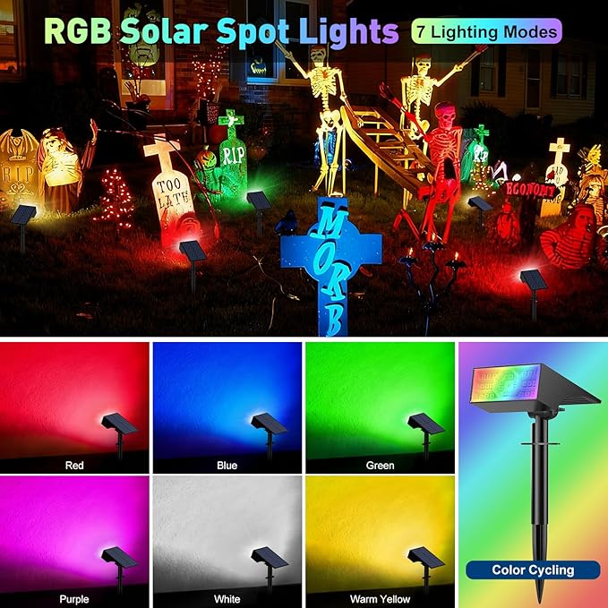 Solar Color Changing RGB Spot Lights Outdoor, 2 Pack/7 Lighting Modes Multicolor Outdoor Lights for Yard Waterproof IP68, Halloween Christmas Solar Landscape Powered Lights Garden Pathway
