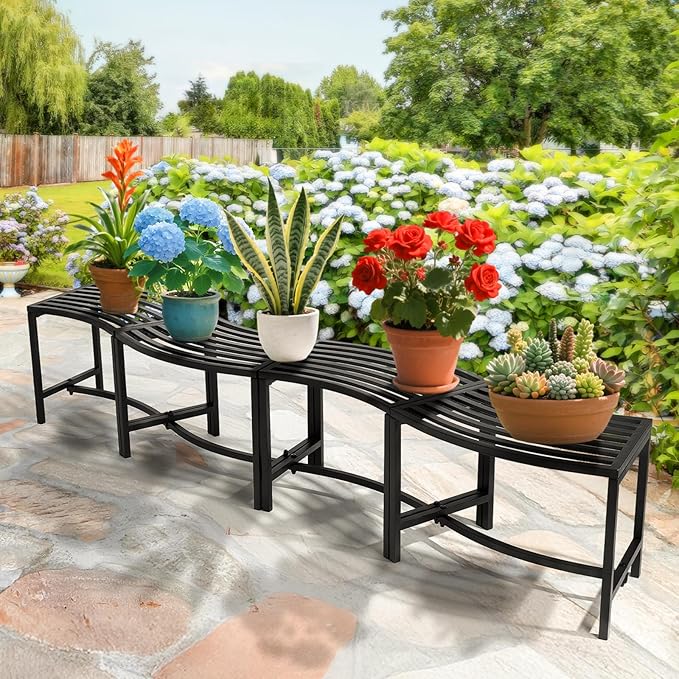 VINGLI Outdoor Metal Curved Bench, Weatherproof Fire Pit Bench Set of 4, Heavy Duty Steel Backless Benches, Metal Outside Seating for Garden, Patio, Plant Stand and Holder