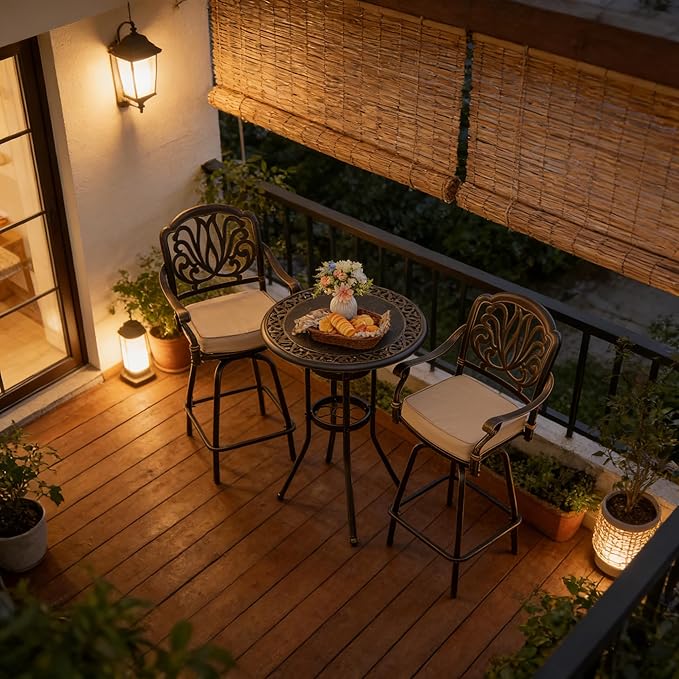 3 Piece Swivel Outdoor Table and Chairs Bar Set , All-Weather Cast Aluminum Outdoor High Top Patio Bar Set Bistro Set, High Swivel Stools with Cushions Umberlla Hole for Balcony, Poolside,Garden,Lawn