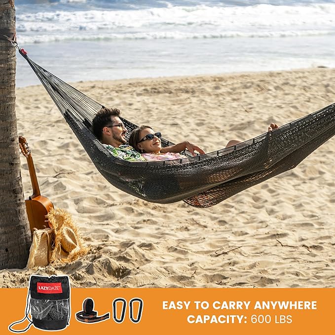 Lazy Daze Hammocks Handwoven Mayan Hammock, 10.5 FT Soft Rope Double Hammocks, Portable Outdoor Hammock with Carry Bag, 2 Straps & Carabiners for Patio Outside, 550 lbs Weight Capacity, Gray
