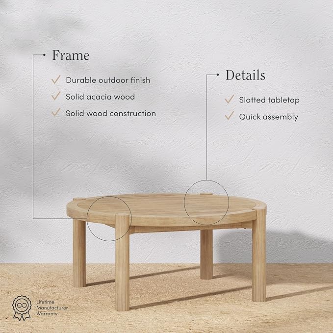 Nathan James Bora Round Outdoor Coffee Table, Farmhouse Wood Coffee Table for Patio or Porch, Solid Acacia Wood