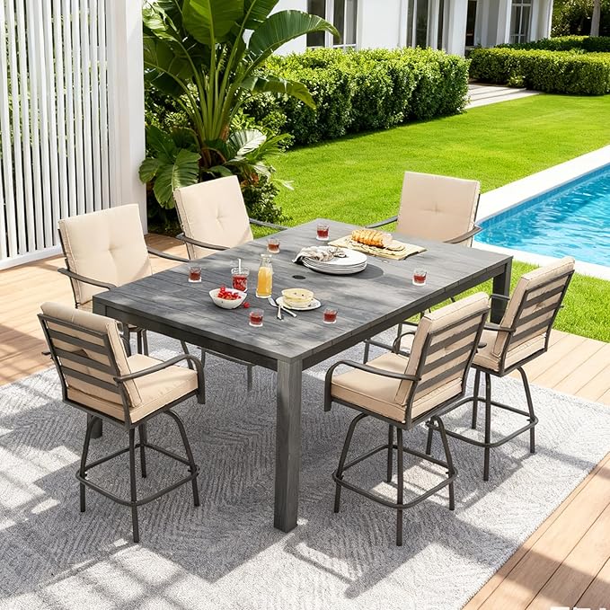 Patio Swivel Bar Stools, Outdoor Bar Height Swivel Chairs Set of 6 with Cushion & All Weather Steel Frame for Backyard, Lawn, Poolside and Balcony, Beige