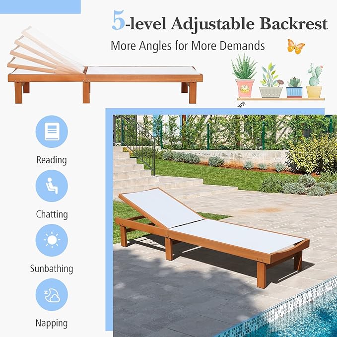 COSTWAY Set of 2 Patio Wood Chaise Lounge Chair, Strong Eucalyptus Wood Frame, 5-Position Adjustable Outdoor Recliner with White Mesh