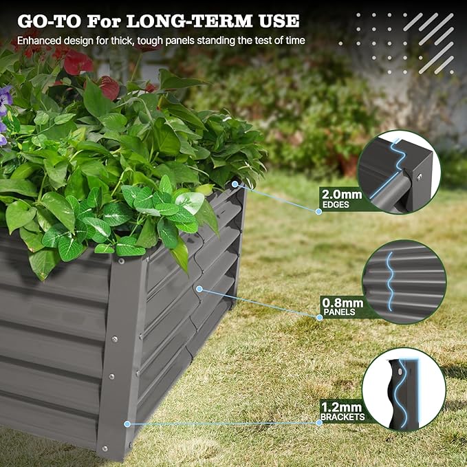 A ANLEOLIFE Set of 8,18 Inch Tall Quartz Grey Raised Garden Beds Kit, L-Shaped & Square Metal Planters –Ideal for Structured Backyard Layouts.