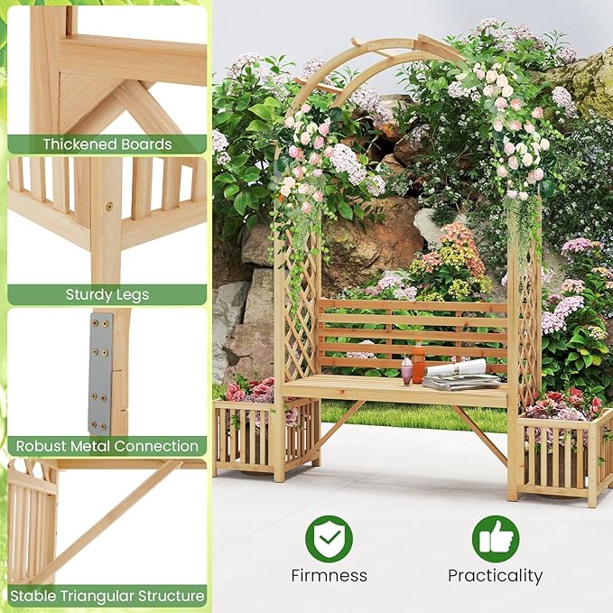 Giantex Outdoor Bench with Garden Arch & Planters, Wooden Pergola Archway, Outdoor Trellis for Climbing Plants, Patio Decorative Arbor Arch for Backyard Lawn (Arched,Natural,73"x22"x80")