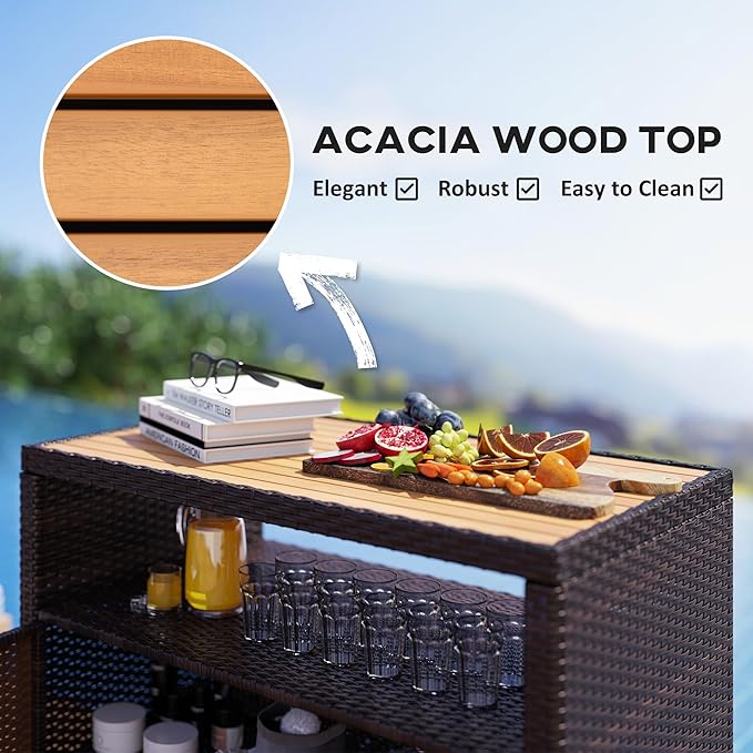 Outsunny Wicker Outdoor Storage Cabinet, Rattan Outdoor Bar Table with Acacia Wood Countertop, 2 Doors and Shelf, Buffet Cabinet Sideboard for Poolside, Garden, Patio, Backyard, Brown