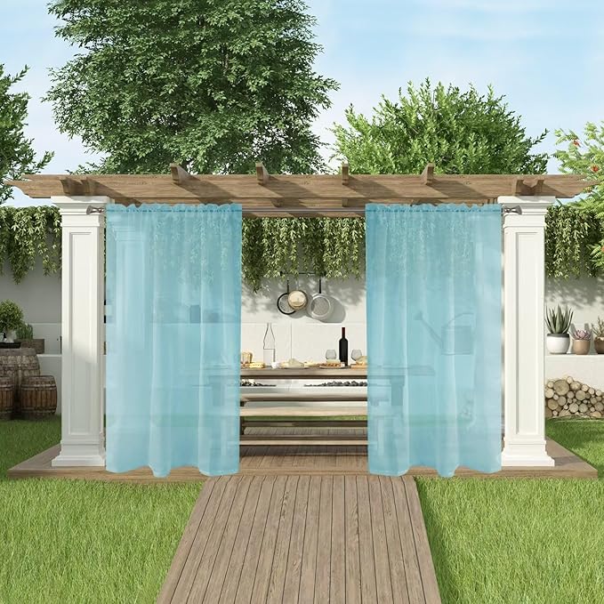 SpaceDresser Waterproof Outdoor Sheer Curtains for Patio - 2 Panels Rod Pocket Indoor Voile Sheer Curtain for Living Room,100W x 96L inch, Aqua