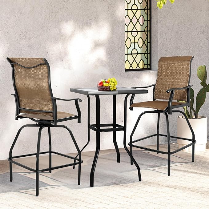 LEVELEVE Patio Bar Set 3pcs Swivel Bar Stools Outdoor Bistro Textilene Furniture Stability All-Weather Set with Height Table (3, Dark Brown Fabric)
