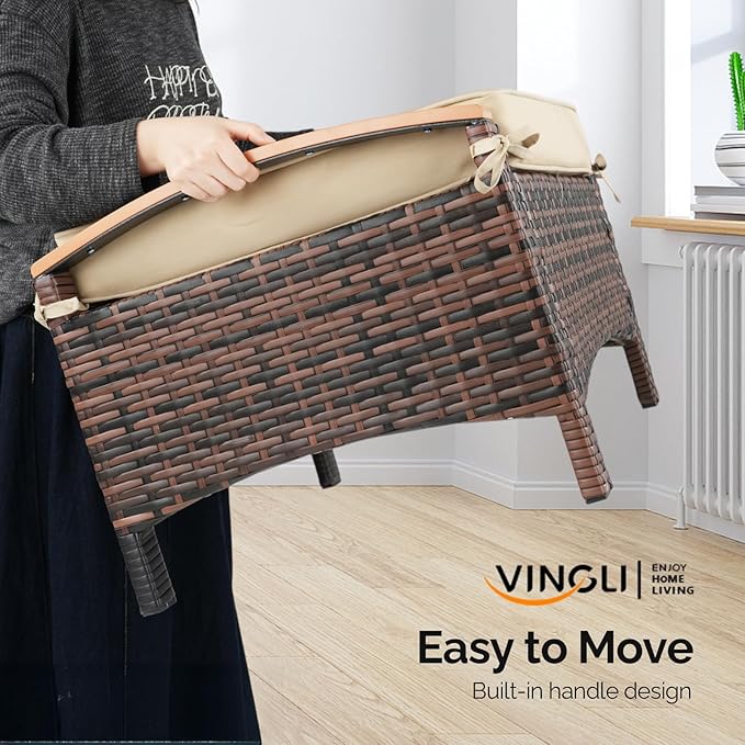 VINGLI Wicker Outdoor Ottoman Set of 2, All Weather PE Rattan Footstool for Patio w/Removable Cushions, Waterproof Rattan Foot Rest for Garden, Balcony, Poolside (Brown)