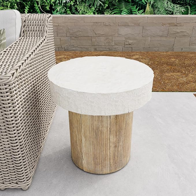 COSIEST Outdoor Medium Side Table, Patio Coffee Table, 19.7 inches Round MgO End Patio Stool with Faux Wooden Pedestal Base, Garden, Backyard, Antique Beige