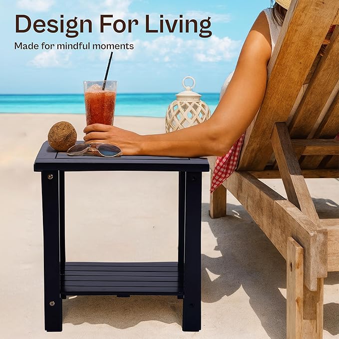 2-Tier Adirondack Side Table – Weather Resistant Wooden End Table, Rectangular Rustic Outdoor & Indoor Small Table for Patio, Garden, Lawn, Porch or Living Room (Black)