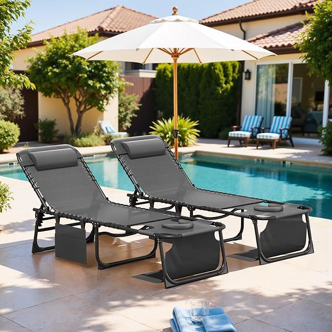 Devoko Beach Lounge Chair, Outdoor Sun Tanning Chair with Face Hole, Heavy Duty Folding Portable Lay Chaise Lounge Chairs for Outside Beach Pool Camping Patio, Beige