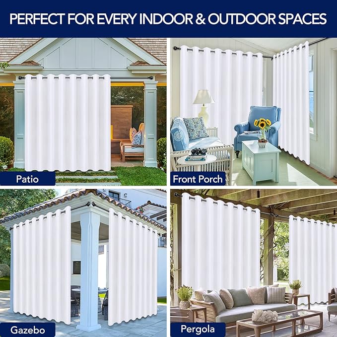 PureFit Outdoor Curtains for Patio Waterproof Weatherproof, UV and Fade Resistant Outside Curtains for Gazebo, Front Porch, Pergola, Sun Blocking Privacy Curtain, 120W x 95L inch, 1 Panel, White