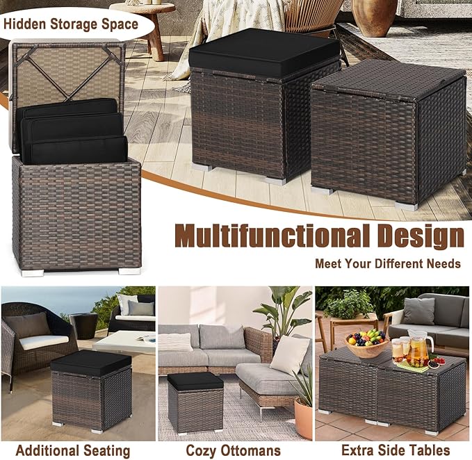 RELAX4LIFE Wicker Outdoor Storage Ottoman, 2-Piece Rattan Footstool w/Removable Cushion, Multipurpose Footrest Stool Side Table Additional Seating, Set of 2 Outdoor Ottomans for Patio Deck (Black)
