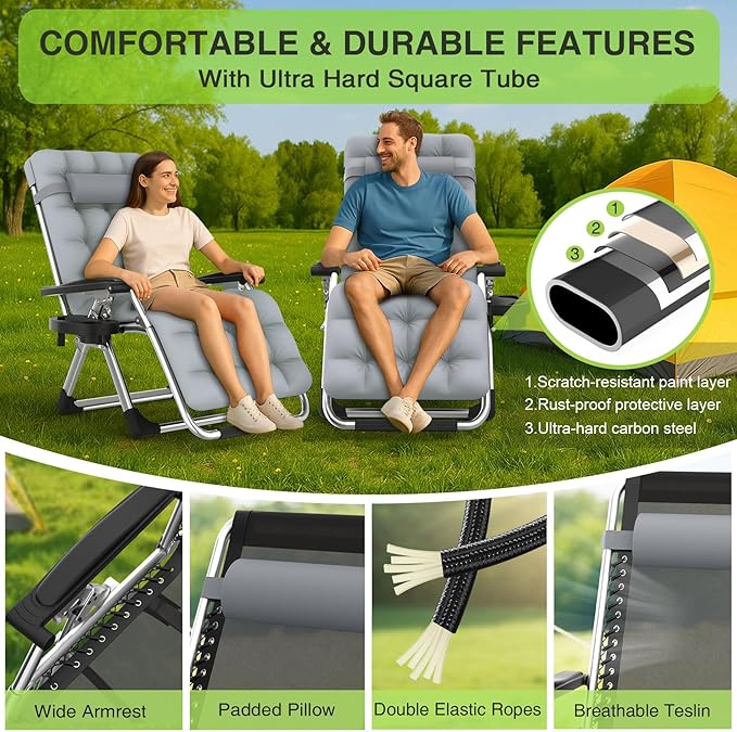 Suteck Zero Gravity Chair, Reclining Camping Lounge Chair w/Removable Cushion, Upgraded Lock and Cup Holder, Reclining Patio Chairs Folding Recliner for Indoor and Outdoor