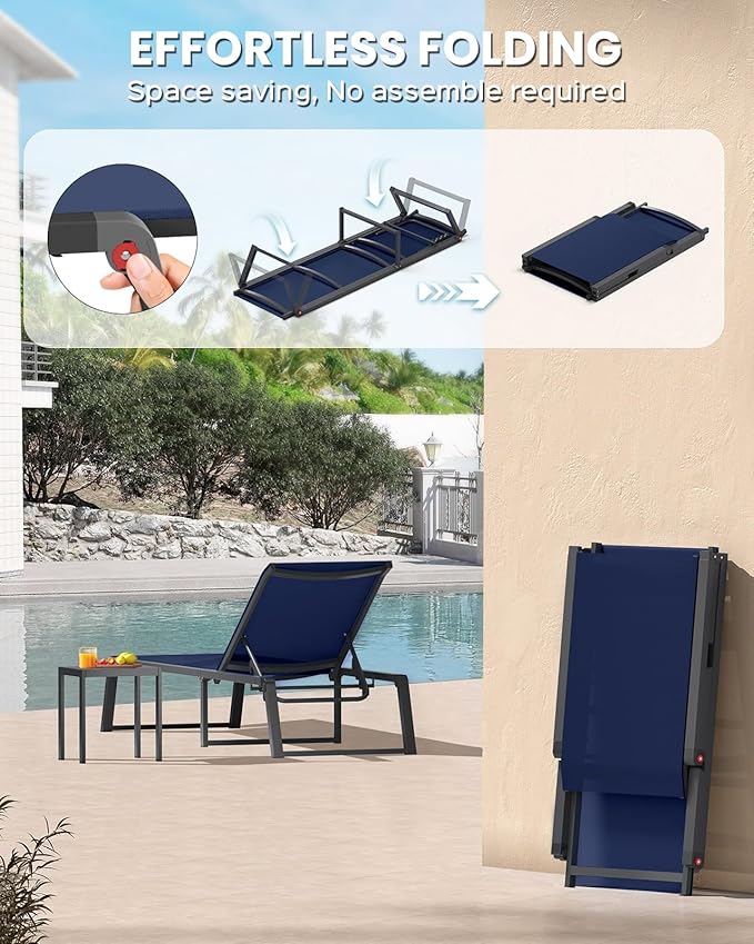 Aluminum Chaise Lounge Outdoor Set of 2, Foldable & Assembly Free Patio Pool Lounge Chairs 5-Position Recliner for Outside Poolside, Fully Grounded Legs Sun Lounger for Beach, Yard, Navy Blue