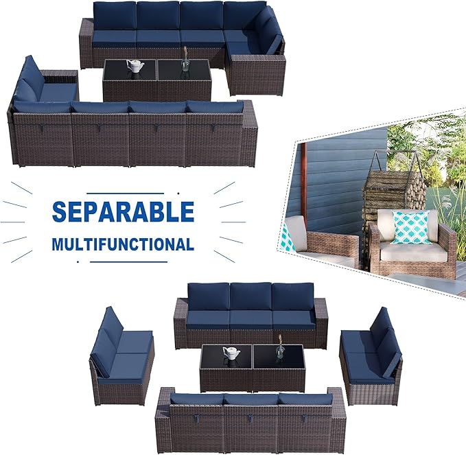 Kullavik Outdoor Patio Furniture Set,12 Pieces Sectional Rattan Sofa Set Brown PE Rattan Wicker Patio Conversation Set with 10 Seat Cushions and 2 Tempered Glass Coffee Table,Navy Blue