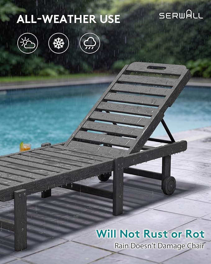 SERWALL Outdoor Chaise Lounge Set of 4, 78" Patio Lounge Chair with 5 Positions Adjustable Backrest, HDPE Lounger with Rolling Wheels & Cup Holder for Poolside, Beach, Garden, Grey