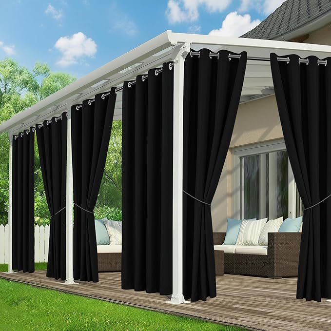 Black Outdoor Curtains for Patio Waterproof - 6 Panels Privacy Weatherproof Outside Curtains with Grommets for Pergola, Gazebo, Porch, Cabana, Balcony, 54 x 95 Inch