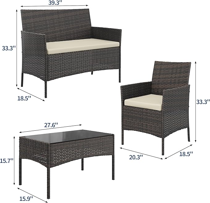 GAOMON 4-Piece Patio Furniture Set, Modern PE Rattan Conversation Set with 2 Chairs, Loveseat & Tempered Glass Coffee Table, All-Weather Outdoor Seating for Garden, Porch, Balcony, Poolside
