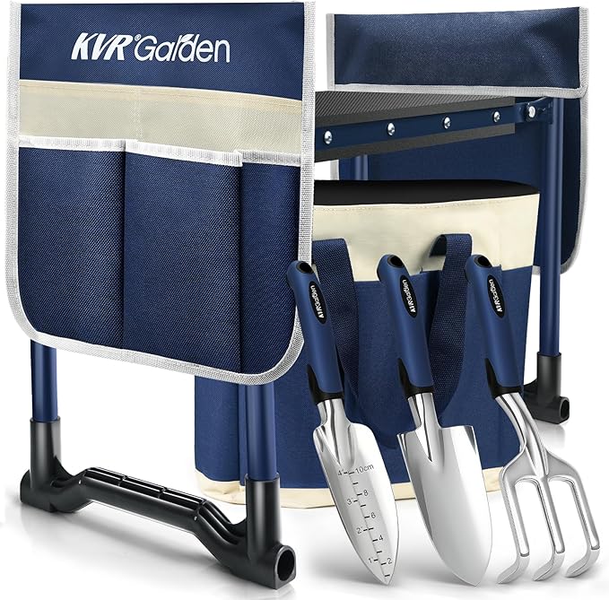 KVR Garden Kneeler and Seat Set 7-Piece Upgraded - Heavy Duty Foldable Bench & Stool with 3 Aluminum Tools, 2 Non-Slip Pouches & Tote Bag - Gardening Chair Gifts for Seniors, Women, Mom