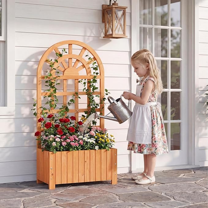 Giantex Wooden Raised Garden Bed with Arched Trellis, 48” Fir Wood Outdoor Elevated Planter Box Privacy Screen with Drainage Holes, Vertical Garden Bed for Climbing Plants, Patio Balcony Backyard