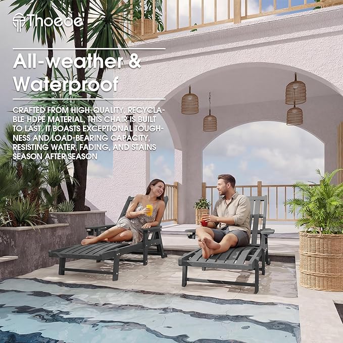 Patio Chaise Lounge Chair Set of 4, Oversized Lounge Chair Outdoor with 5 Positions, HDPE, Patio Lounge Chair with Wheels & Cup Holder for Pool, Deck, Poolside,Grey