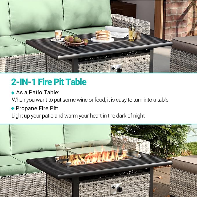 10-Piece Outdoor Patio Furniture Set with Rocking Swivel Chair, PE Wicker Rattan Sectional Sofa Patio Conversation Set with 55,000 BTU Fire Pit Table & Coffee Table, Light Green