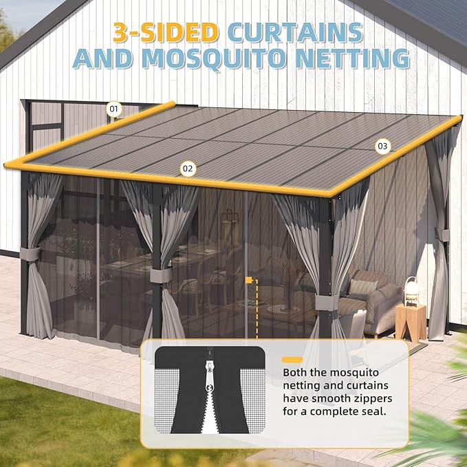 AECOJOY 14' x 8' Gazebo Outdoor Pergola, Hard Top Lean to 8x14 Gazebo with Curtains and Netting, Pergolas and Gazebos Clearance with Patio Roof, Large Wall-Mounted Heavy Duty Awnings for Patio, Decks