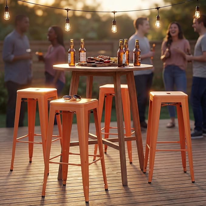 Shahoo 30 Inches Metal Bar Stools Counter Height Stackable Backless Stools, Industrial Patio Stools Indoor Outdoor Metal Kitchen Stools Set of 4 (Orange, 30'')
