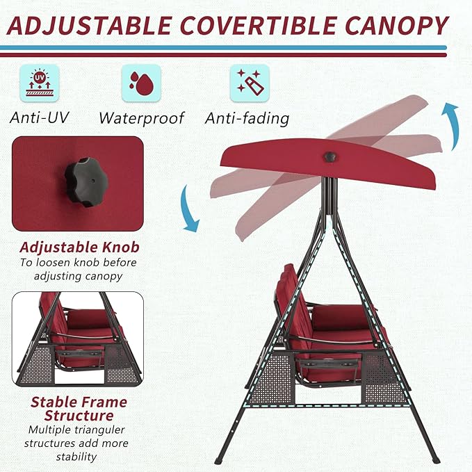 AECOJOY Outdoor Porch Swing with Cover, 3-Seat Patio Swings with Adjustable Canopy, Outside Swing for Adult with Burgundy Removable Cushions for Backyard, Garden, Yard, Poolside, Balcony