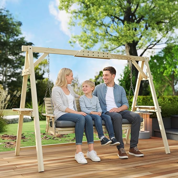 Outsunny 3 Seat Porch Swing with Stand, Wooden Patio Swing Chair with Cushion, Side Trays and Metal Chains, Outdoor Bench for Garden, Poolside, Backyard, Natural Wood