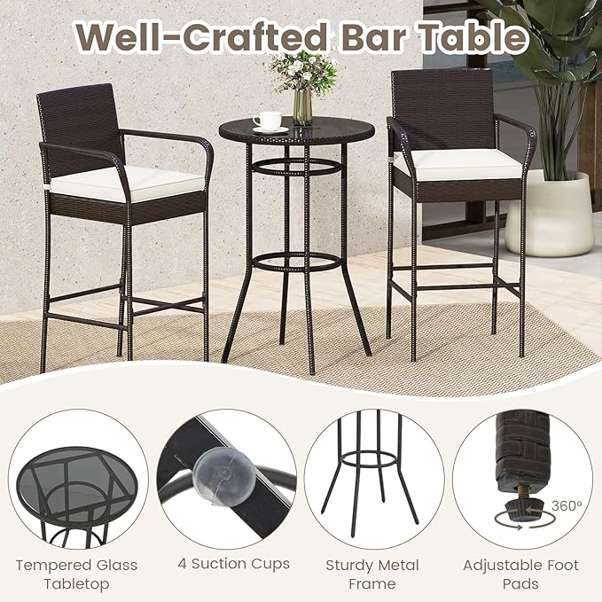 Tangkula 3 Piece Outdoor Bar Set, Patio Rattan Heavy Duty Bar Height Glass Top Table & Chairs w/ 2 Cushioned Barstools, for Porch, Yard, Poolside