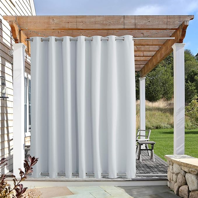 NICETOWN Patio Curtain Outdoor Waterproof W100 x L120, Rustproof Top & Bottom Grommet Light Blocking Windproof Thermal Insulated Blinds for Indoor Outdoor Room Divider, Greyish White, 1 Piece
