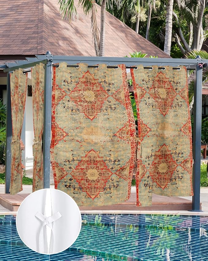 Boho Outdoor Curtains for Patio Waterproof, Grommet Privacy Curtain Drapes Weatherproof Outside Curtains for Porch GazeboPergola Cabana 2 Panel 54x84inch Rustic Bohemian Floral Tribal Orange
