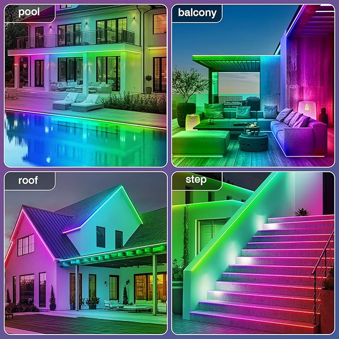 zoegi 500ft Outdoor LED Strip Lights Waterproof,Music Sync RGB IP68 Outside Led Light Strips Waterproof with App and Remote,Exterior Led Rope Lights for Deck,Balcony,Roof,Garden,Pool (500FT)